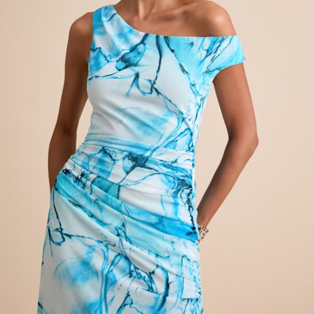 Lulus Jojo Light Blue Marbled Ruched One-shoulder Maxi Dress - Size XL